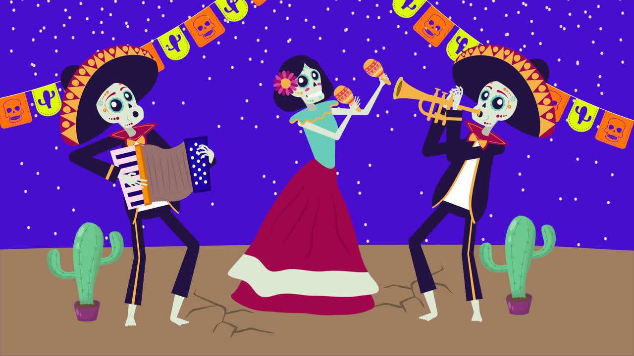animazione viva mexico con i personaggi di mariachi e catrina skulls