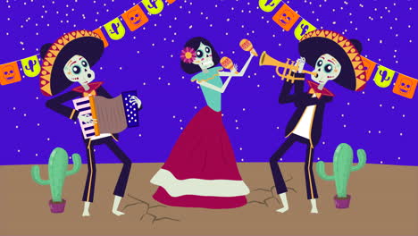 viva mexico animation with mariachis and catrina skulls characters
