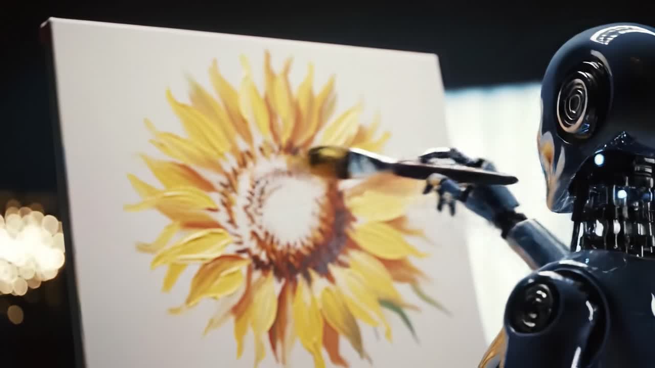 In a modern art studio, a robotic artist carefully applies vibrant colors to canvas, bringing a sunflower to life. The intricate details showcase advanced technology and creativity.