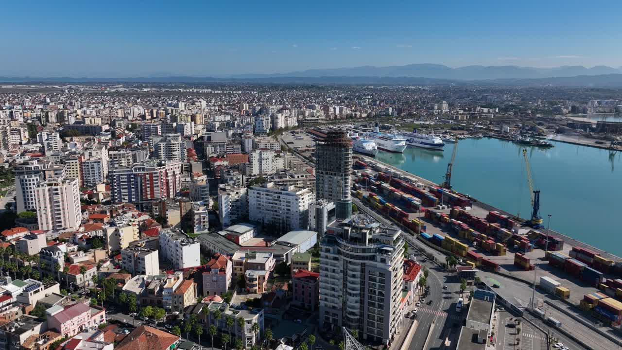 Sunny Port of Durres in Adriatic Coast - Albanian Cityscape Aerial