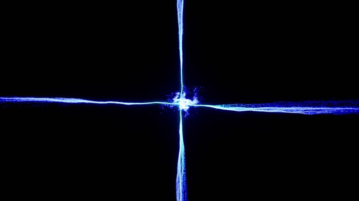 Visual effects, VFX, blue particles energy cross on black background 3D animation