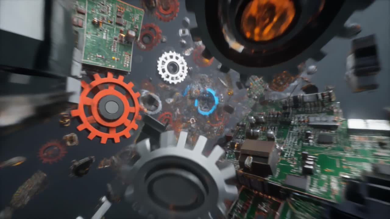 Floating Electronic Components and Gears in Abstract Digital Space