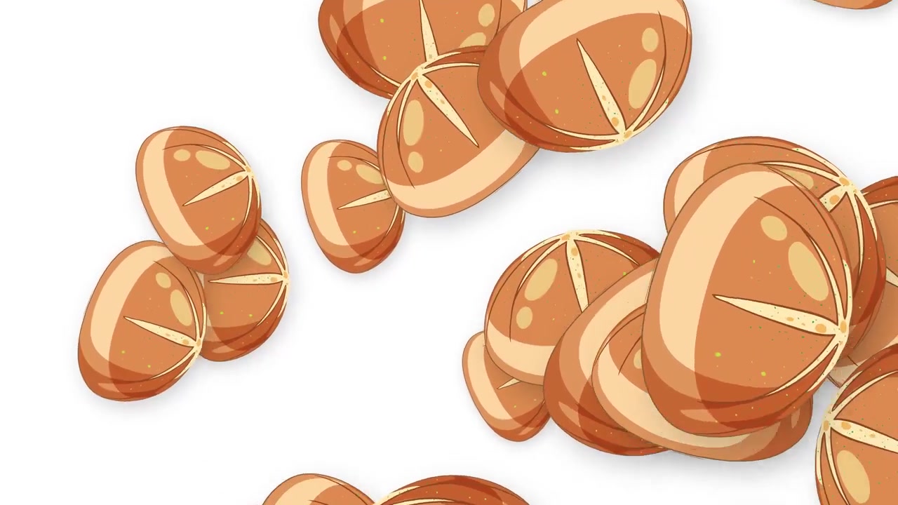 Animação 2D dinâmica de pães de centeio explodindo em um fundo branco limpo