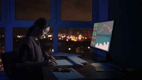 retrato nocturno de una mujer analista financiera trabajando en una computadora con una estación de trabajo de monitor con acciones en tiempo real, materias primas y gráficos de mercado de cambio