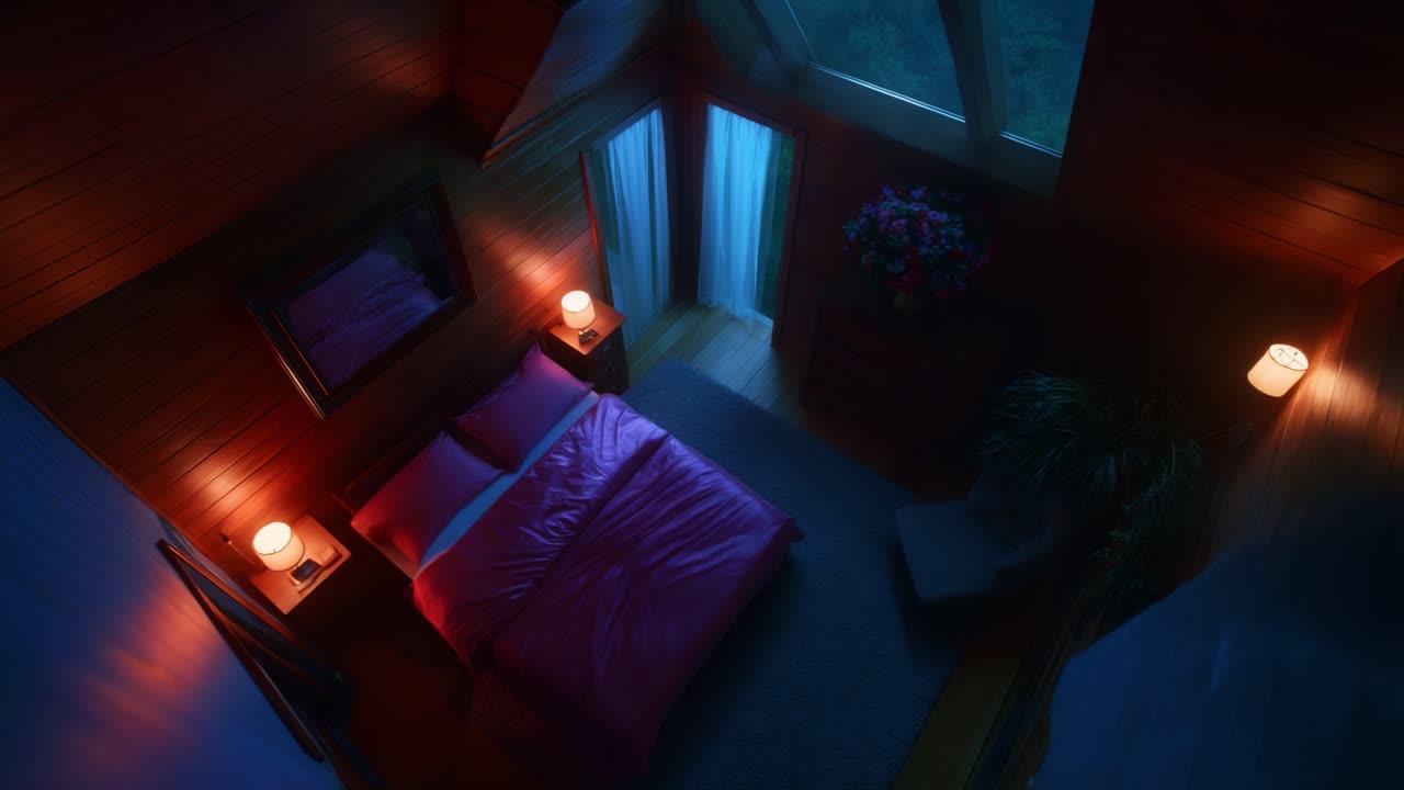 A Serene Bedroom Oasis with Modern Lighting in a Cozy Cabin Retreat, Featuring Soft Textiles, Warm Ambiance, and Exquisite Decor Setting the Perfect Scene for Relaxation and Rest