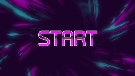 animation of start text over moving colorful lights on dark background