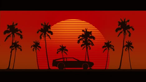 Animation-Eines-Schwarzen-Autos,-Das-über-Eine-Leuchtend-Orangefarbene-Sonne-Mit-Palmen-Auf-Rot-Fährt