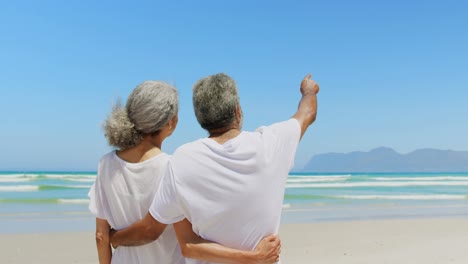 Rear-view-of-active-senior-African-American-man-pointing-out-at-distance-to-woman-at-beach-4k