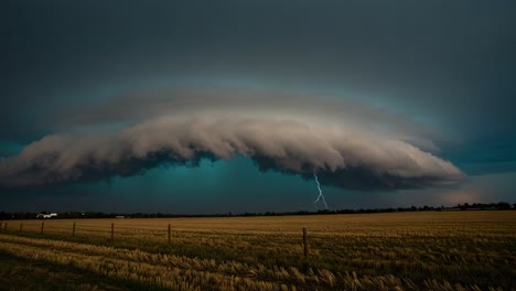 dramatic cloud formation over open fields with lightning: a captivating display of nature's power amidst the calm landscape