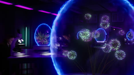 futuristic science lab with glowing orbs