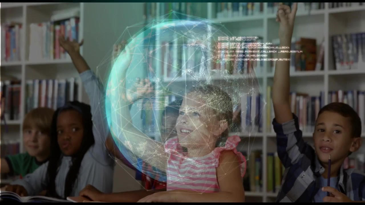 Students raising hands, reaching toward faint digital globe appearing, learning geography with code