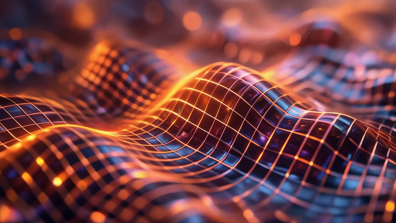 Abstract Digital Grid Surface With Glowing Orange Waves