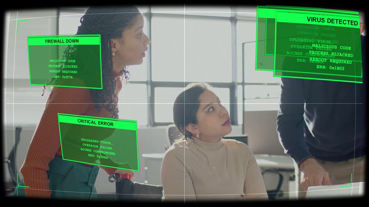 Operator at laptop, colleagues leaning, green HUD alerts appearing, team diagnosing security breach