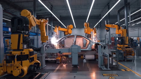 industrial robots welding a car chassis on an automated assembly line