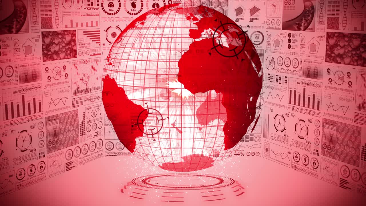 감염의 전염병: 감염의 은 점과 함께 글로벌 지구; 디지털 데이터 그래프의 의료 홀로그램 요소; 감염 통제; 치료 바이러스; 루프 애니메이션.