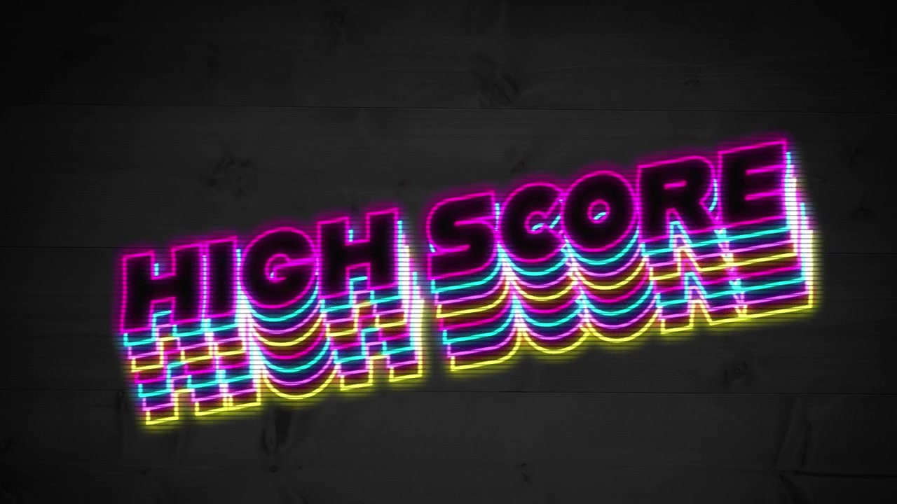 Animation of multicolored high score text moving against black background, copy space