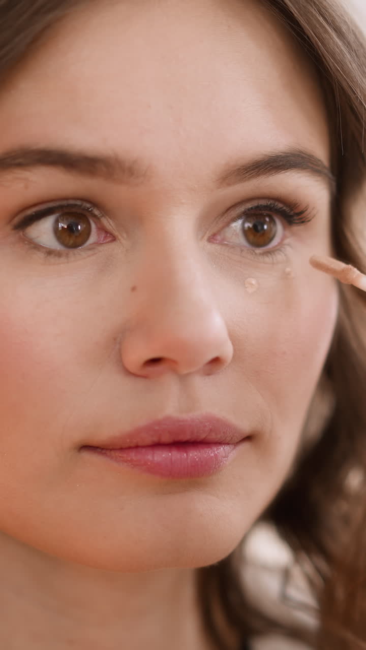 Lady applies beige concealer on skin under eyes with applicator looking in mirror. Young woman uses cosmetic product on blurred background closeup