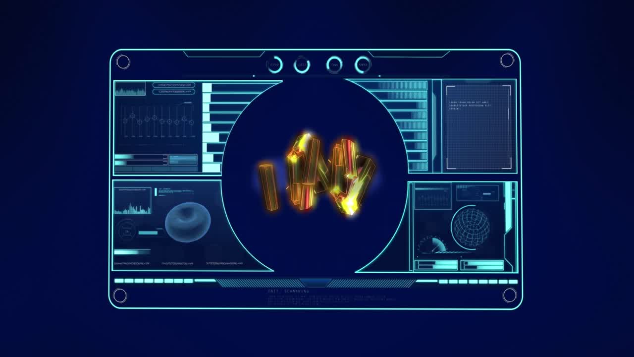 Animation of golden crystal shapes over interface wit data processing against blue background