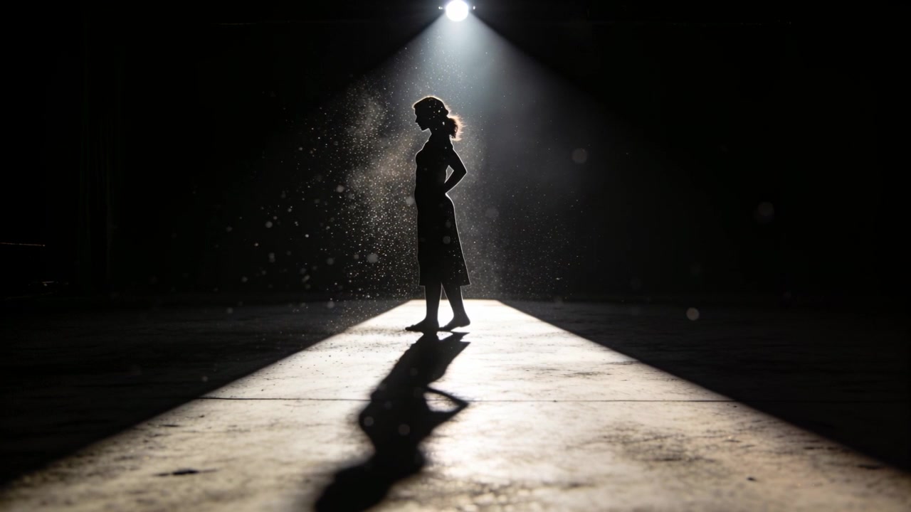 Walking model taking slow steps across triangular beam onstage, dress ponytail dust casting shadow