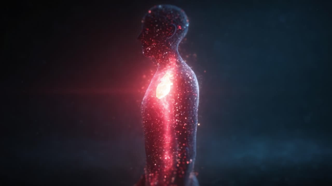 A captivating depiction of a holographic figure emitting a vibrant heart glow, symbolizing life, energy, and the intricate connection between physical and spiritual realms
