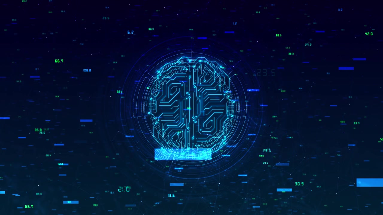 Neural technology brain visual with circuit pattern floating data values blue hud rings and cyber