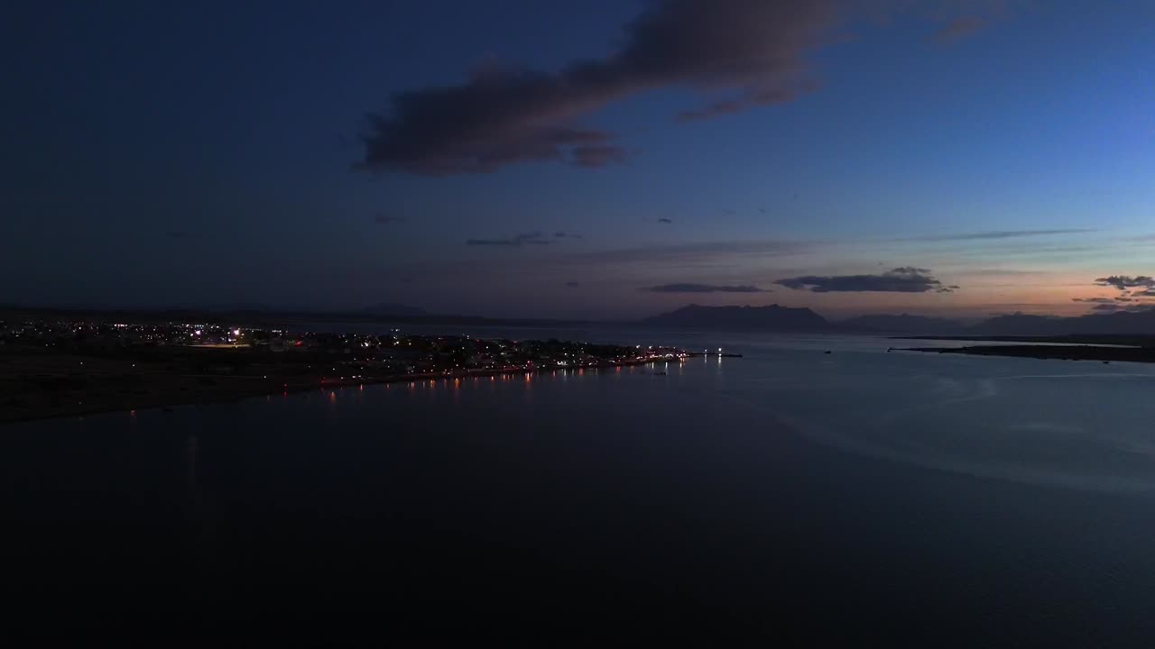 drone video Puerto Natales, Patagonia, Chile. sunset