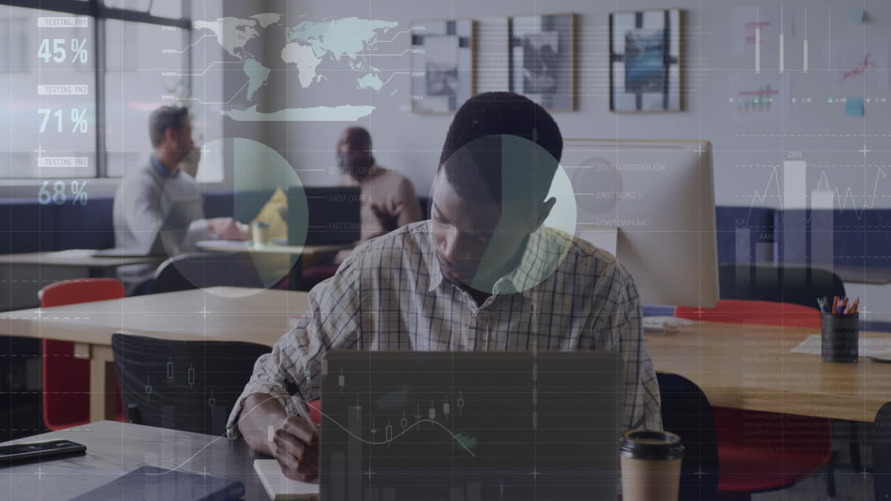 Animation of infographic interface, african american man writing on notepad and working on laptop