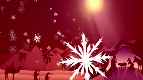 Animation-of-snowflakes-over-three-kings-and-nativity-scene-on-red-background