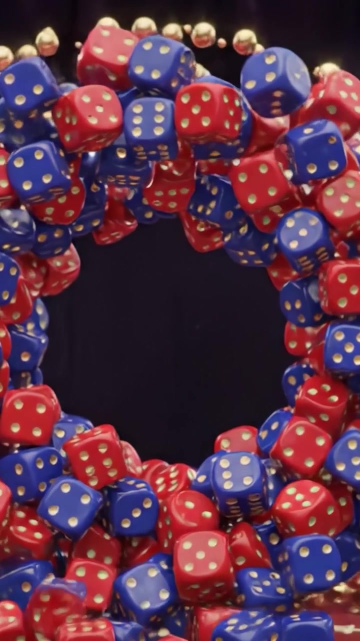 En farverig kaskade af røde og blå terninger danner en levende udstilling, der skaber en dynamisk visuel oplevelse med en central åbning, der fremhæver deres legende arrangement