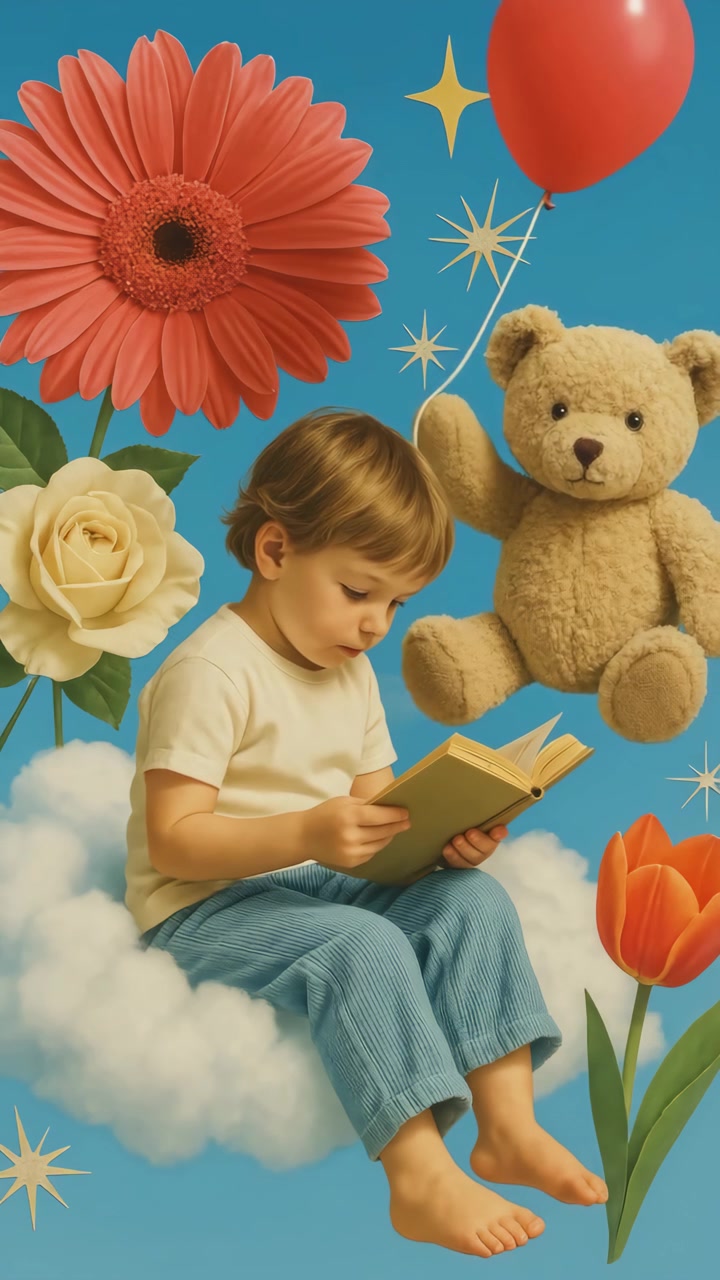 Маленький ребенок читает книгу, сидя на облаке