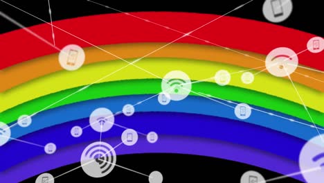 Animation-of-network-of-connections-with-icons-over-rainbow-on-black-background