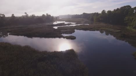 flying forwards over the winding river on a sunny morning