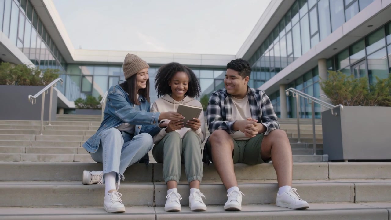 Shifting tablet, beanie teen sharing screen, middle hoodie teen accepting on steps, friends smiling