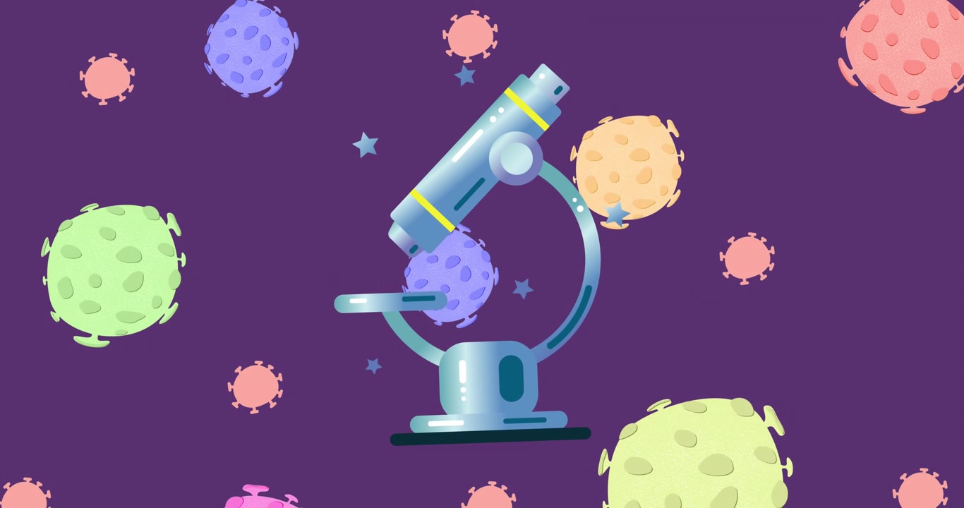 Animação de células coloridas de COVID-19 caindo sobre um microscópio.