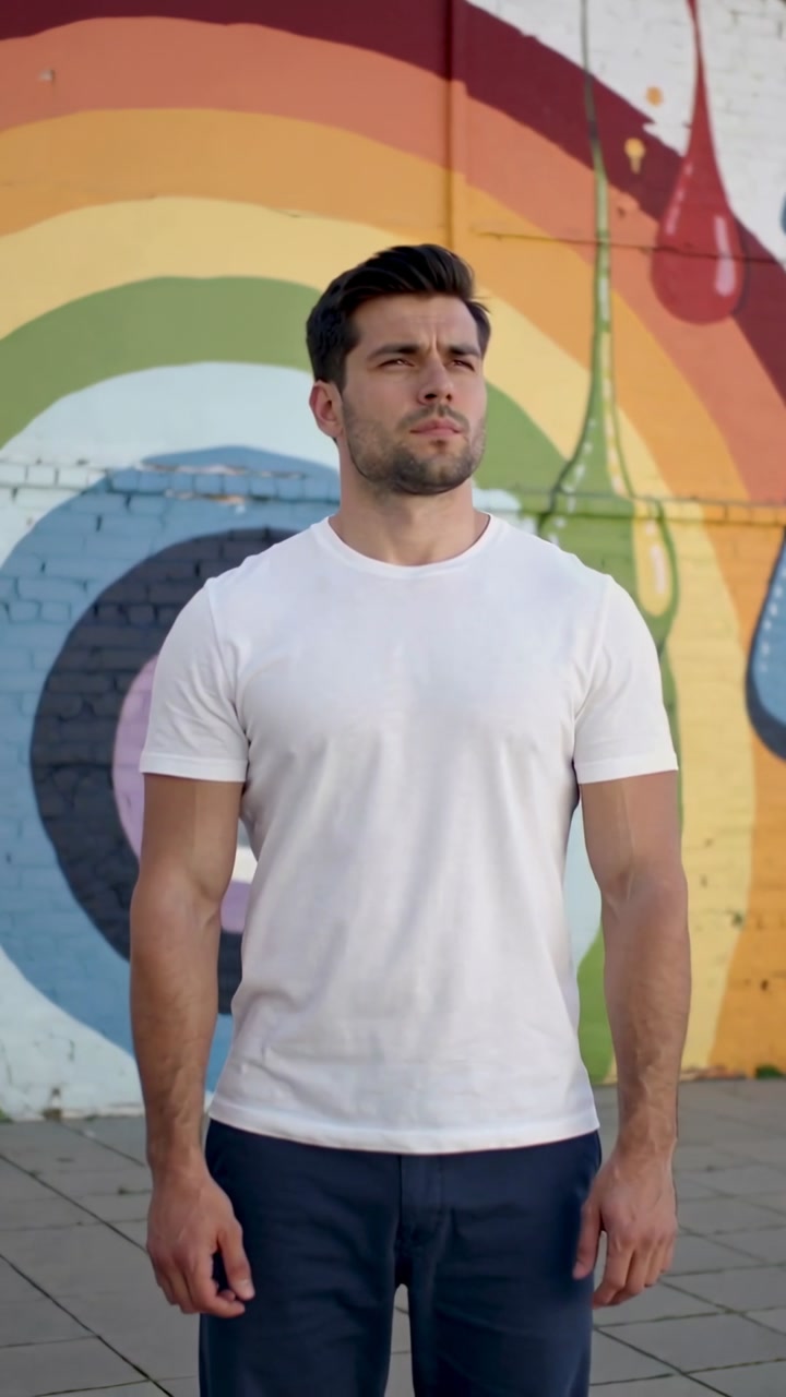 Vertical video: Camera pulling back, man in white tee posing at painted brick mural with spiral