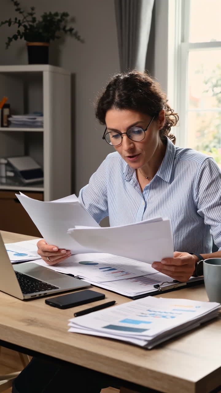 Professional Woman Reviewing Financial Documents and Reports at Office Desk