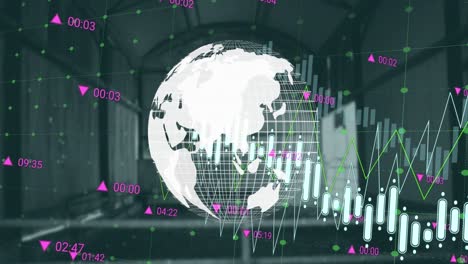 animation of globe and data processing over cityscape