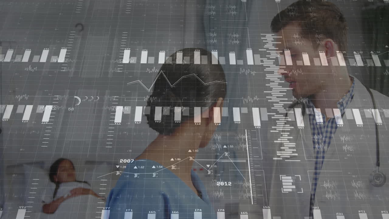 Male doctor examining female patient at bedside using stethoscope, with health charts overlaying