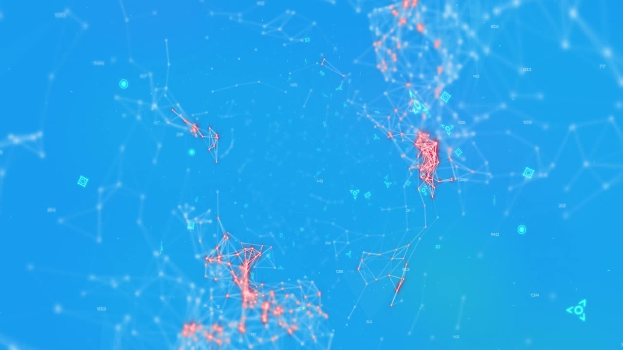 파란색 배경 위에 연결 네트워크와 qr 코드의 애니메이션