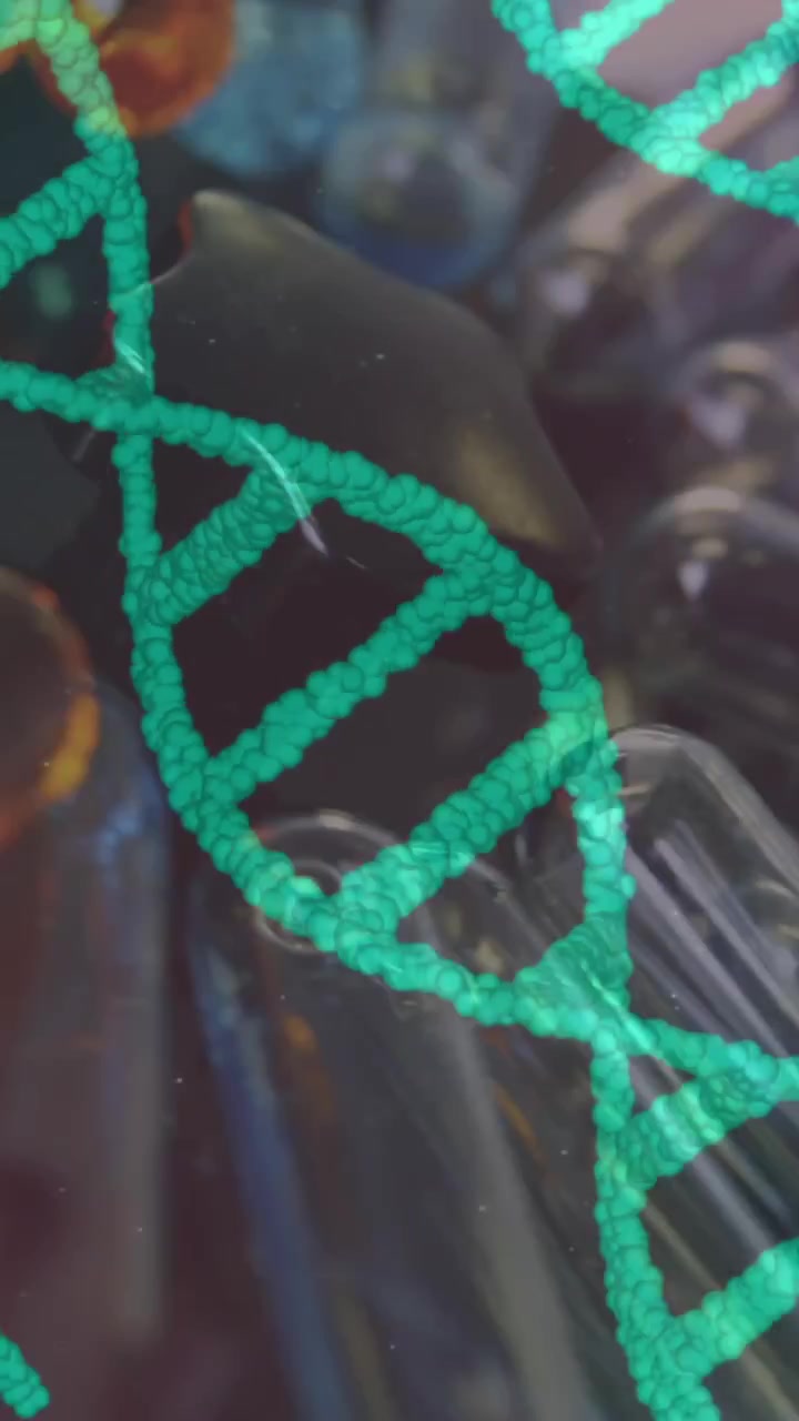 DNA animation over rotating medical vials.