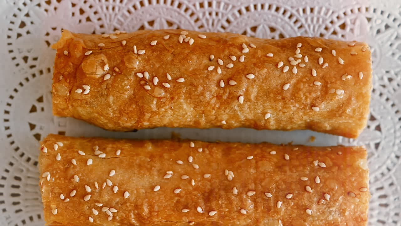 Four ready-made placints with stuffing on a fabric. Slow motion