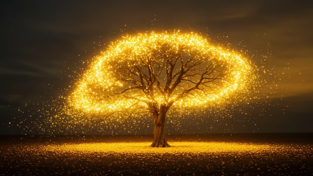 A Magical Transformation: An Enchanted Tree Surrounded by Starry Lights Shines Brightly Against a Mysterious Twilight Background in Two Stunning Frames
