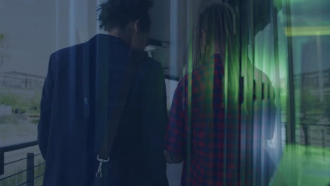 walking with green light and vertical lines animation, two people indoors