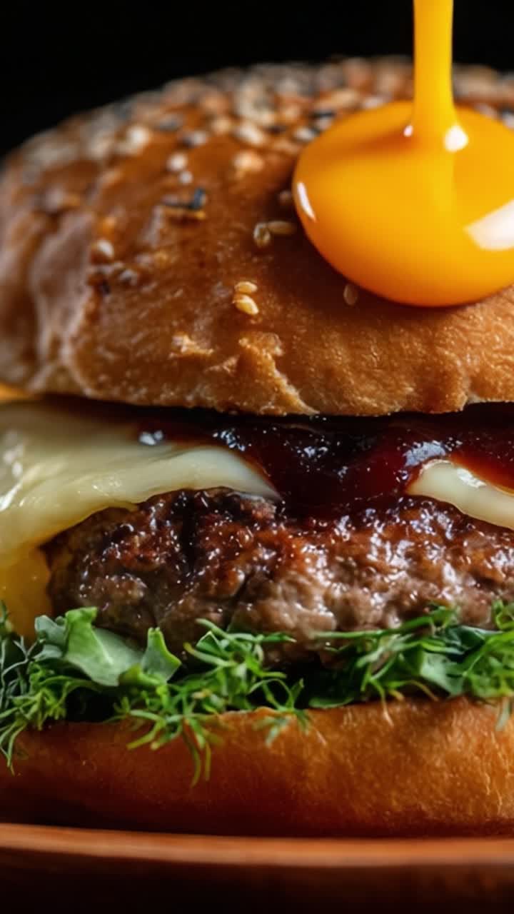 Delizioso cheeseburger con tuorlo d'uovo fuso e ingredienti freschi, hamburger perfettamente grigliato in un saporito panino ai semi di sesamo