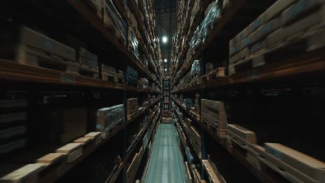immersive fpv drone footage capturing the vastness of a modern warehouse.flying swiftly through towering shelves stocked with goods.