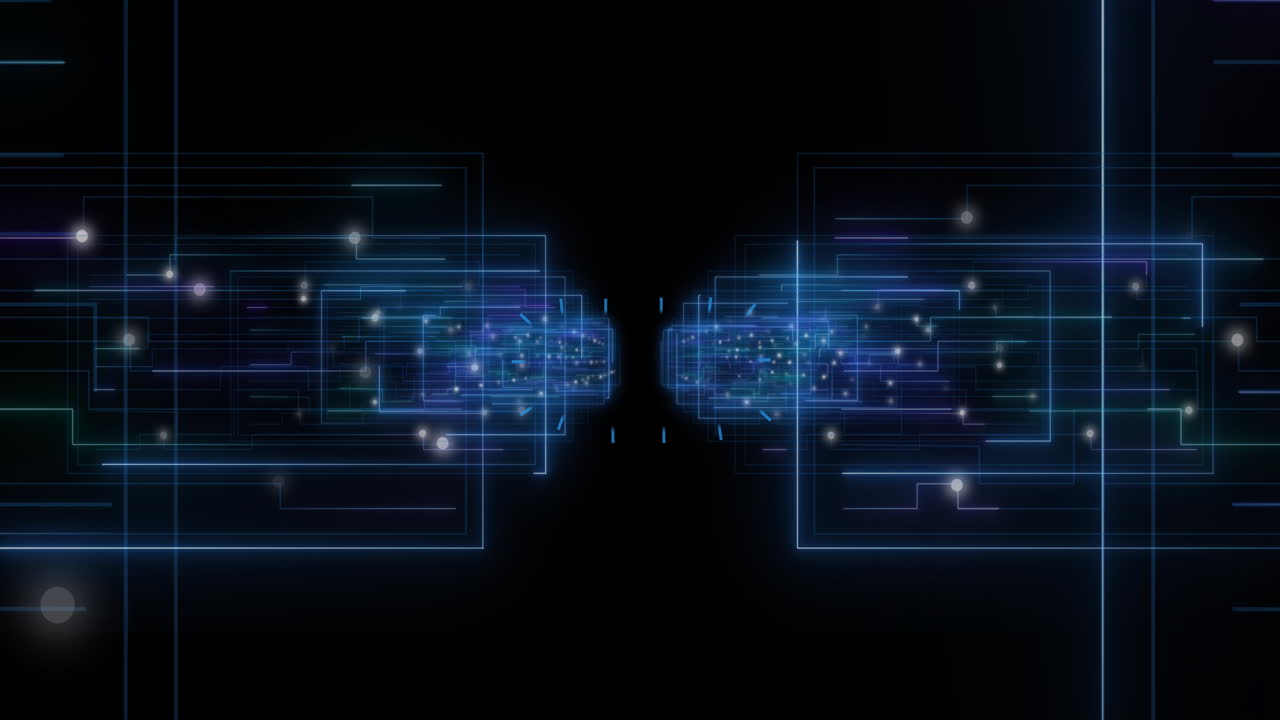 Geometric shapes and digital data processing animation on dark background