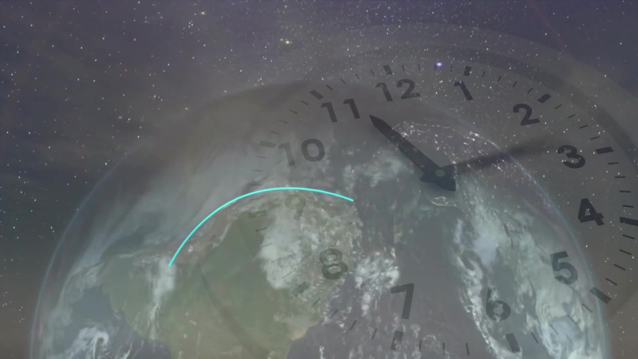 Sobreposição Conceitual da Terra e de um Mostrador de Relógio no Espaço