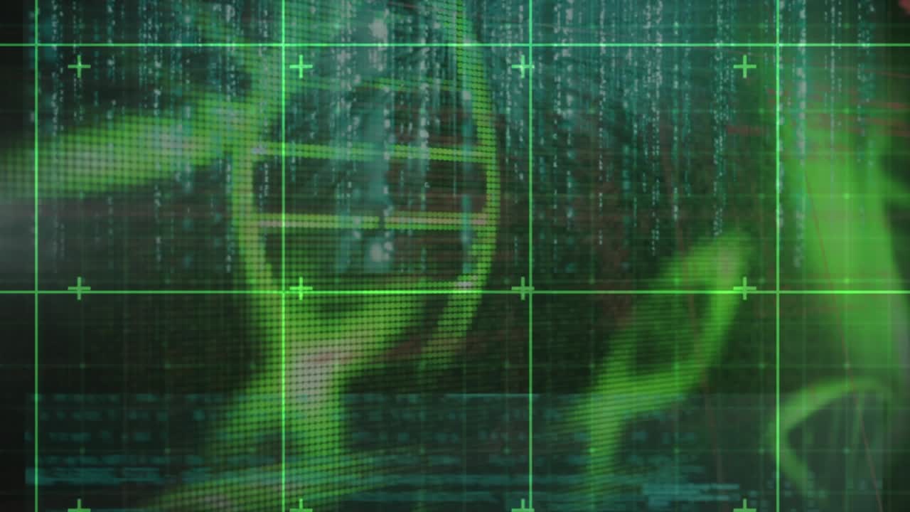 Animation af snurrende DNA-strenge og databehandling over et gitter