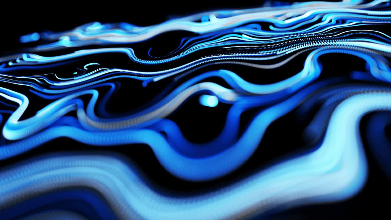Abstract 3d looped background with lines form swirling pattern like curle noise with light streaks. Flow of particles forms curled lines like blue glow trails. Beautiful swirls of lines as abstract bg