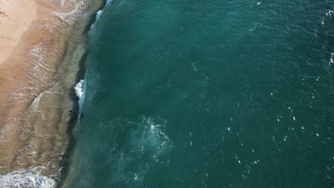 Slow-motion-shot-of-divers-practicing-diving-by-the-beach-accompanied-by-waves-on-Oahu,-Hawaii--Drone-view